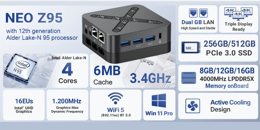 MINIX NEO Z95  Mini PC / 8GB-16GB DDR5 RAM, 256GB-512GB SSD