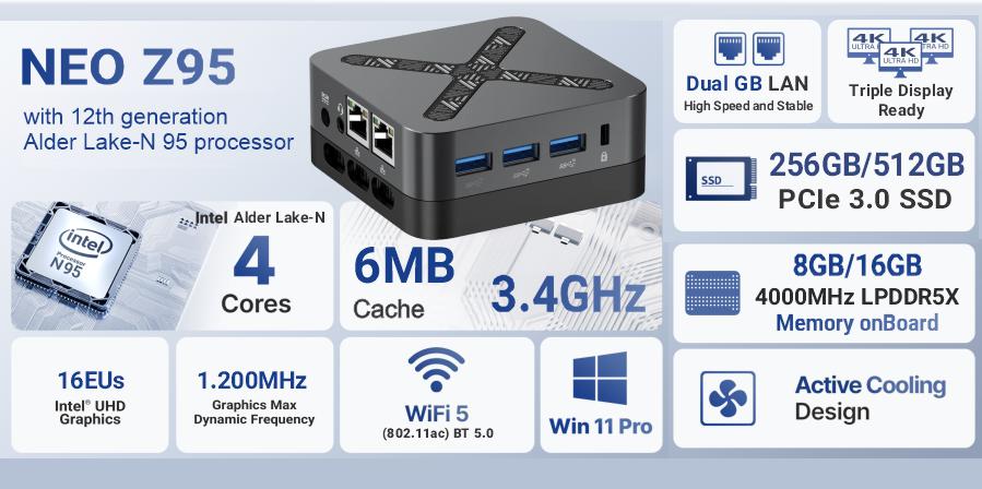 MINIX NEO Z95  Mini PC / 8GB-16GB DDR5 RAM, 256GB-512GB SSD