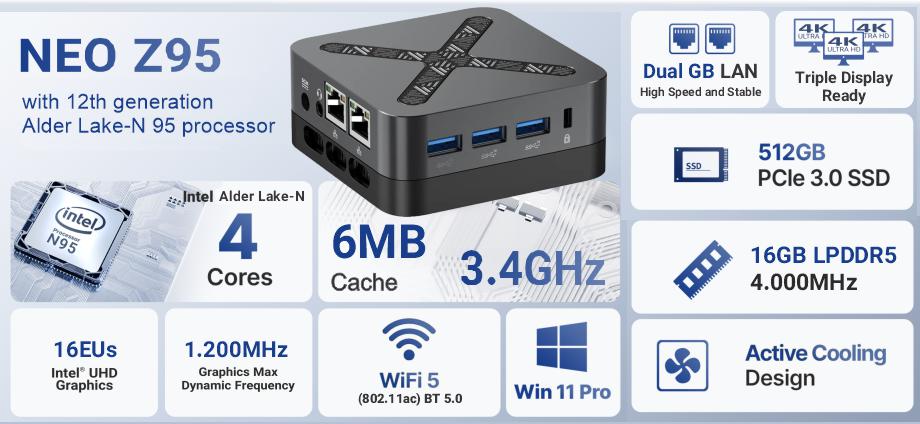 MINIX NEO Z95 Mini PC 512GB SSD 16GB RAM Win11 Pro