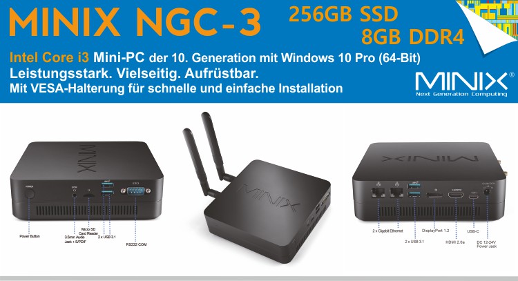 MINIX NGC-3 / Intel Core i3 Mini PC, 256GB SSD, 8GB RAM, Triple Display Ports