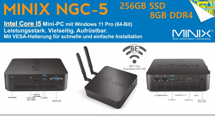 MINIX NGC-5 / Intel Core i5 Mini PC, 256GB SSD, 8GB RAM, Triple Display Ports, WiFi 6E, Windows 11 Pro