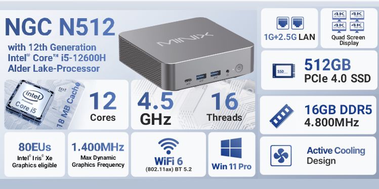 MINIX NGC N512 Intel Core i5-12600H 512GB SSD 16GB DDR5