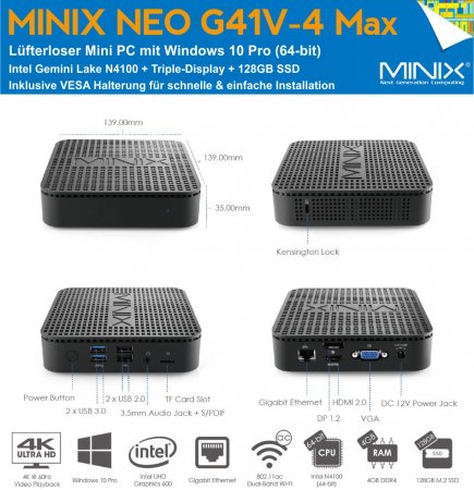 MiniX NEO G41V-4 Max Mini-PC mit 4GB RAM, 128GB SSD und Windows 10 Pro