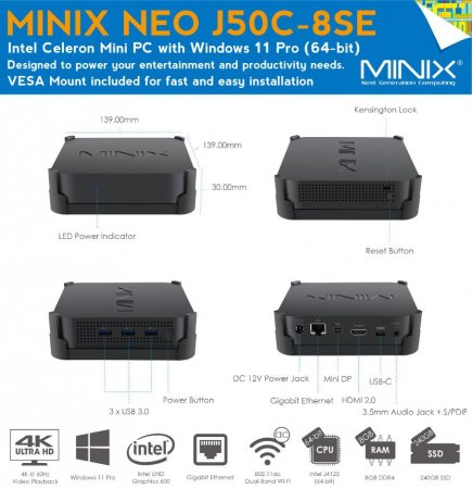 MiniX NEO J50C-8SE Mini-PC, 240GB SSD, 8GB RAM, Win 11 Pro